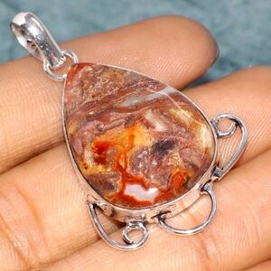 Mexican Laguna Lace Agate Gemstone 925 Sterling Silver Pendant Necklace